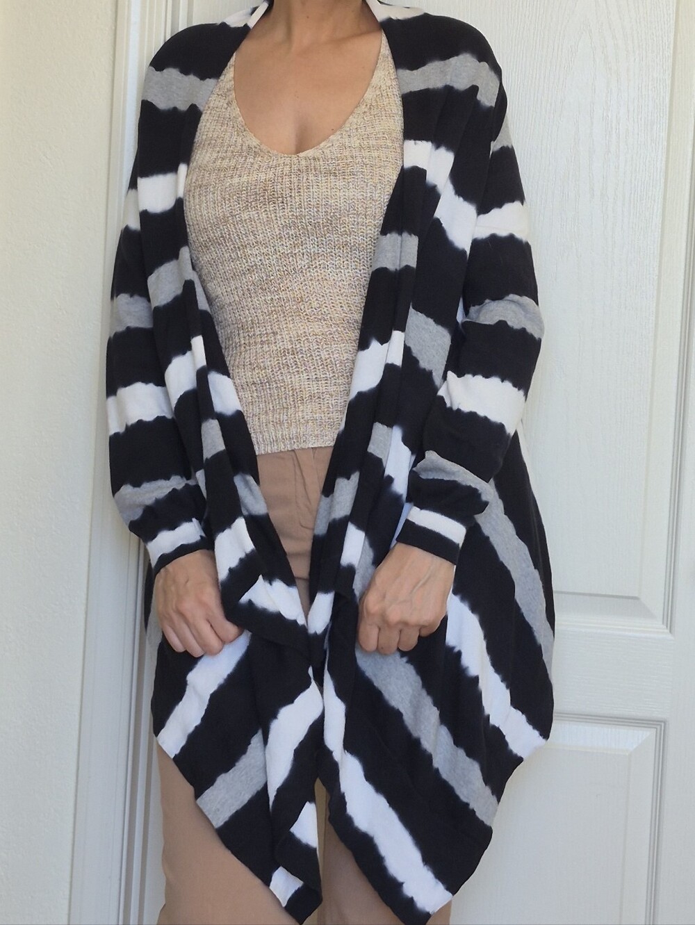 Michael Kors 97% Cotton, Stripes, Open Drape Cardigan With Long Front Peak